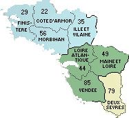 Finistére (29)-Cote d'Armor (22)-Morbihan (56)-Ile et Vilaine (35)-Loire atlantique (44)-Vendée (85)-Maine et Loire (49)-Deux sévres (79)